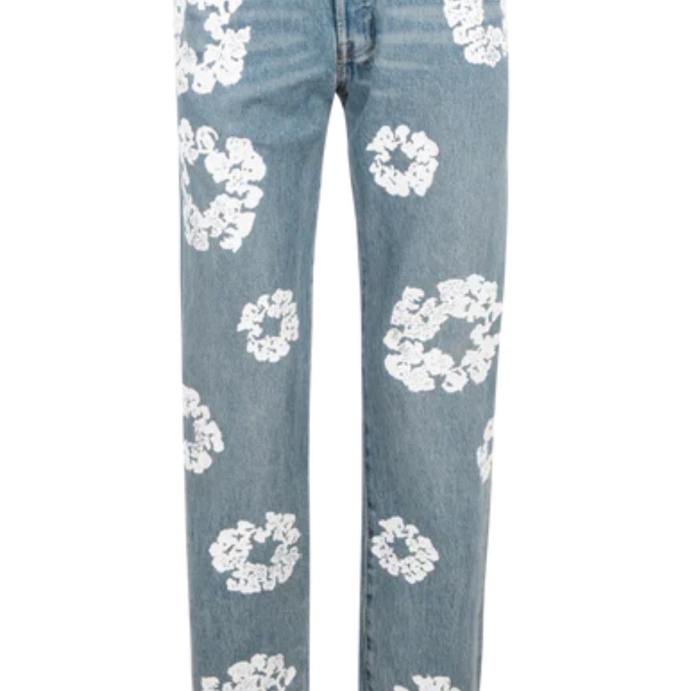 Men's Blue Jeans with White Floral Pattern